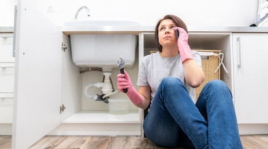 women fixing plumbing in their kitchen
