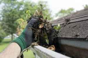 person cleaning gutters